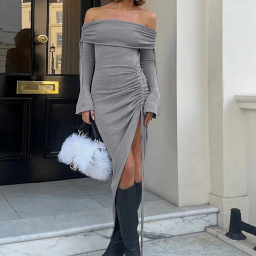 Load image into Gallery viewer, Elegant Winter New Women Fashion Long sleeved Dress One line Neck Drawstring Wrap Hip Vestidos Bodycon Party Evening
