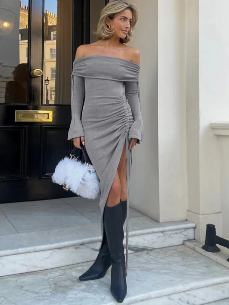 Elegant Winter New Women Fashion Long sleeved Dress One line Neck Drawstring Wrap Hip Vestidos Bodycon Party Evening