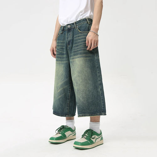 Load image into Gallery viewer, High Street Calf-Length Pants Denim Men&#39;s Shorts Straight Zipper Causal Wide Leg Male Trousers Chic Summer 8825
