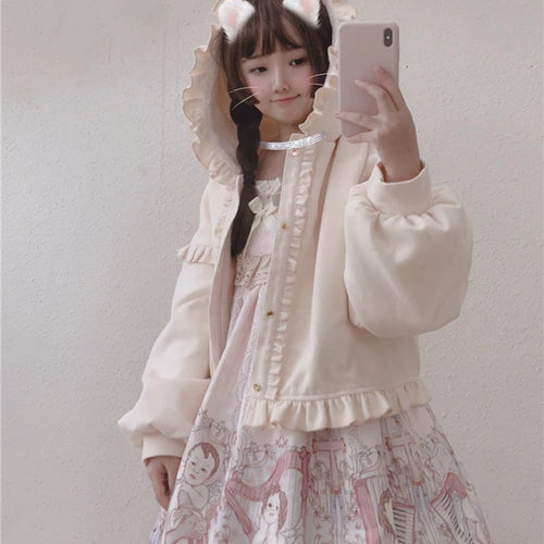 Load image into Gallery viewer, Lolita Cute Jacket Women Japanese Sweet Ruffles Kawaii Coat Tops Thicked Warm Cropped Hooded  2025 Chaqueta Mujer
