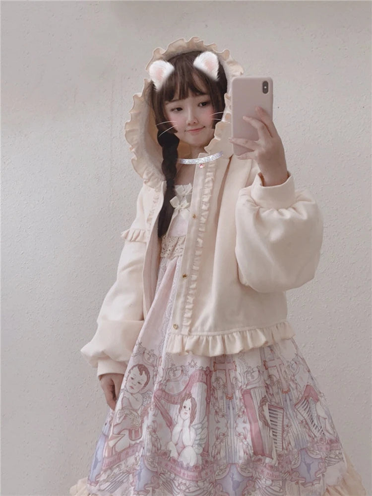 Lolita Cute Jacket Women Japanese Sweet Ruffles Kawaii Coat Tops Thicked Warm Cropped Hooded  2025 Chaqueta Mujer