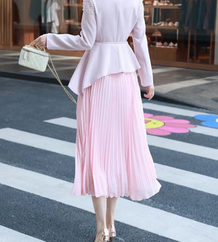 Elegant Two Piece Set For Women O Neck Long Sleeve Spliced Lace Up Top High Waist Skirts Loose Sts Female Clothes