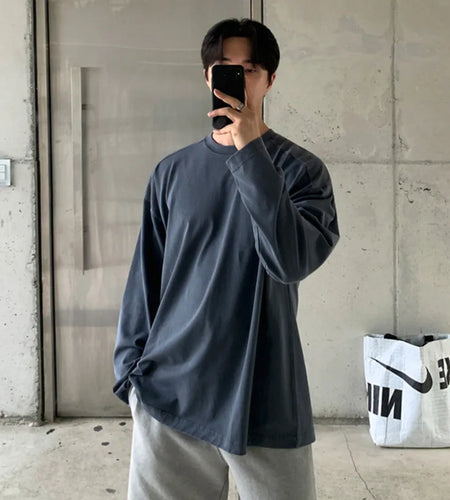 Men's Long Sleeve T-shirts Simple Casual Pullover Stylish Male Spring Loose Solid Color New Korean Trendy Round Neck 9W1455