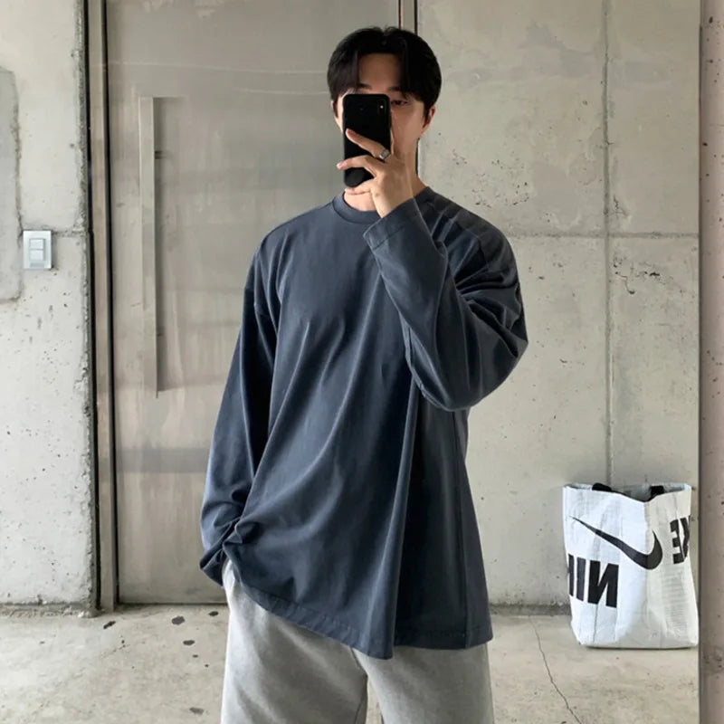 Men's Long Sleeve T-shirts Simple Casual Pullover Stylish Male Spring Loose Solid Color New Korean Trendy Round Neck 9W1455