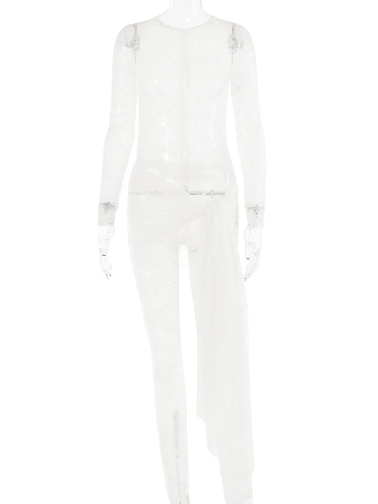 Sexy Lace Long Sleeve Lace Up Jumpsuit Women Transparent Slim Fit Ribbon Jumpsuit Female Nightclub Party Clothing Autumn