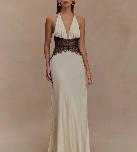 Summer Backless Sexy Maxi Dress Women Gown Patchwork Lace Halter Deep V Neck Sleeveless High Waist Elegant Long Dress