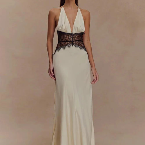 Load image into Gallery viewer, Summer Backless Sexy Maxi Dress Women Gown Patchwork Lace Halter Deep V Neck Sleeveless High Waist Elegant Long Dress
