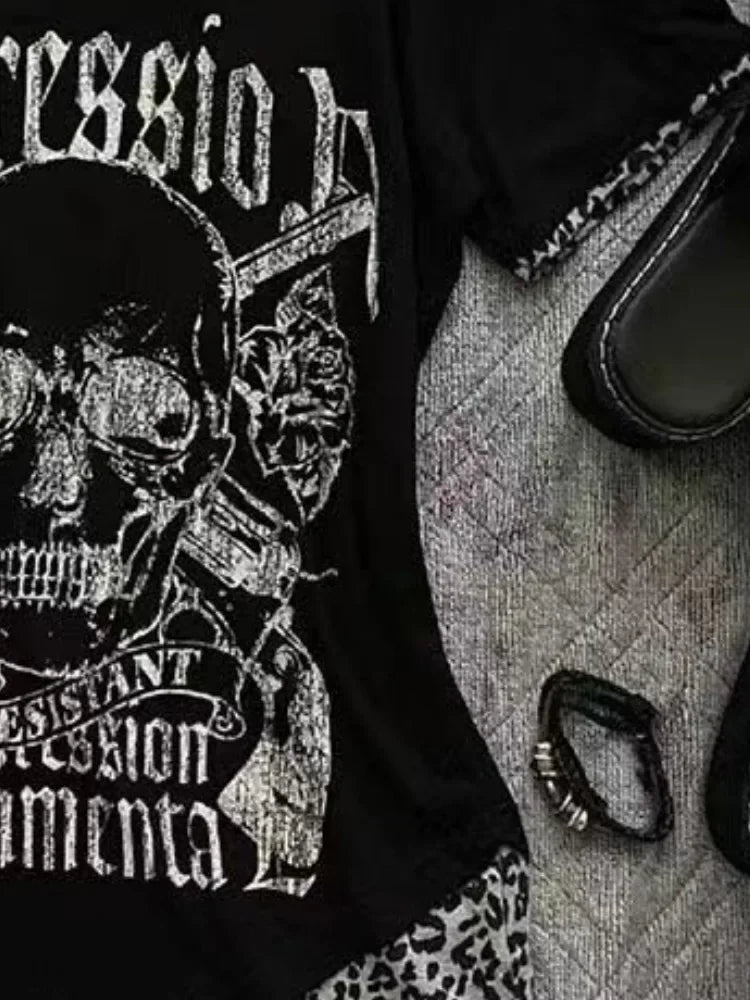 Y2k Aesthetics Irregular Leopard Patchwork Vintage T-shirt Streetwear Skull Printing Tshirt Harajuku Slim Fit Fairy Grunge Tops