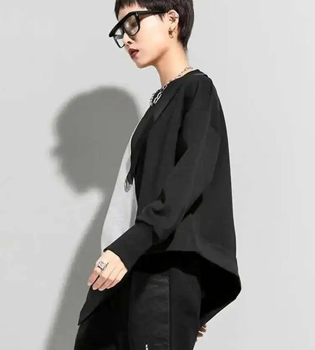 Women Gray Asymmetric Color-block Big Size Casual T-shirt New Round Neck Long Sleeve Fashion Spring Autumn 2025 1DF4759
