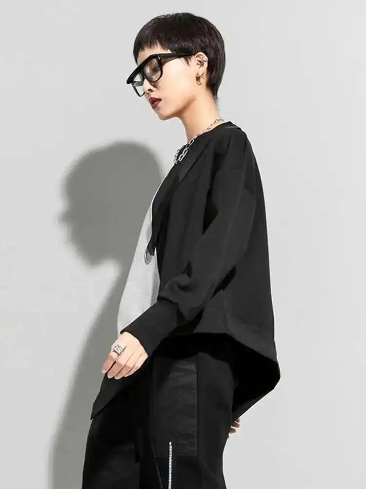 Women Gray Asymmetric Color-block Big Size Casual T-shirt New Round Neck Long Sleeve Fashion Spring Autumn 2025 1DF4759