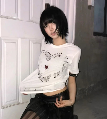Japanese Y2k Heart print T-shirt Trashy 2000s Style Short Sleeve Tee Shirt Vintage Harajuku Streetwear Grunge Aesthetics