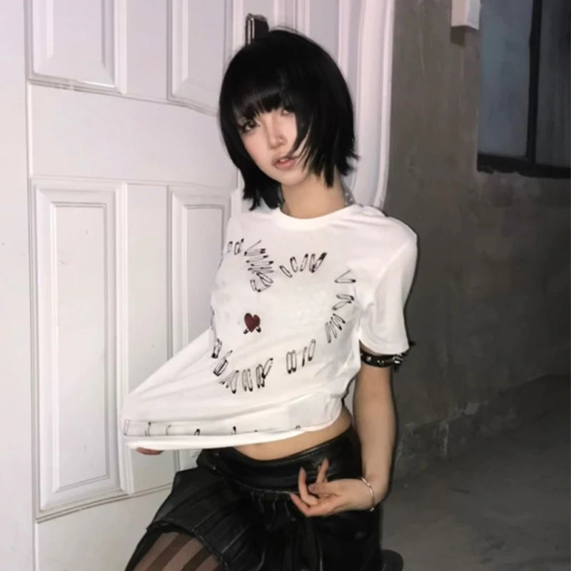 Japanese Y2k Heart print T-shirt Trashy 2000s Style Short Sleeve Tee Shirt Vintage Harajuku Streetwear Grunge Aesthetics