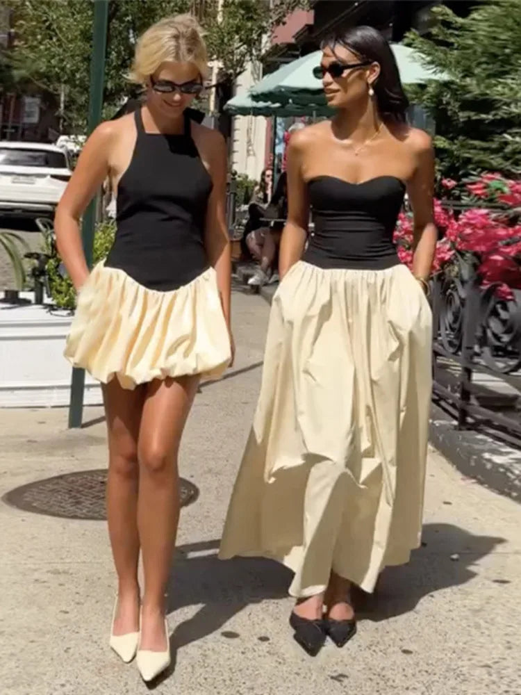 Patchwork Off-shoulder Sexy Maxi Dress For Women Contrasting Color Strapless Sleeveless Backless Lace-up Sexy Dress