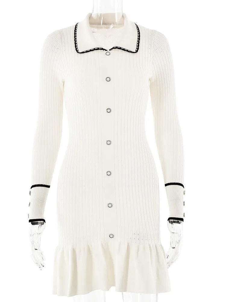 Fashion Knitted Sweater Long Sleeve Bodycon Button Women Dress Autumn/Winter New 2024 Vestido Elegant Street Clothing