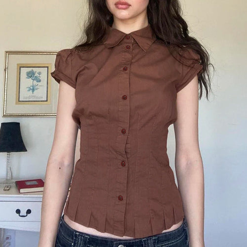 Load image into Gallery viewer, Fashion Chic Brown Summer Shirts Female Folds Slim-Waist Vintage Y2K Top Buttons Pleated Blouse Cropped Clothes 2024
