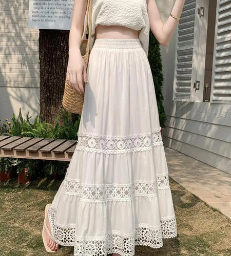 Spring Summer Vintage White Elegant Hollowed Out Pleated Long Skirt Women Elastic High Waist Party Skirt New Ladies Slim Fashion