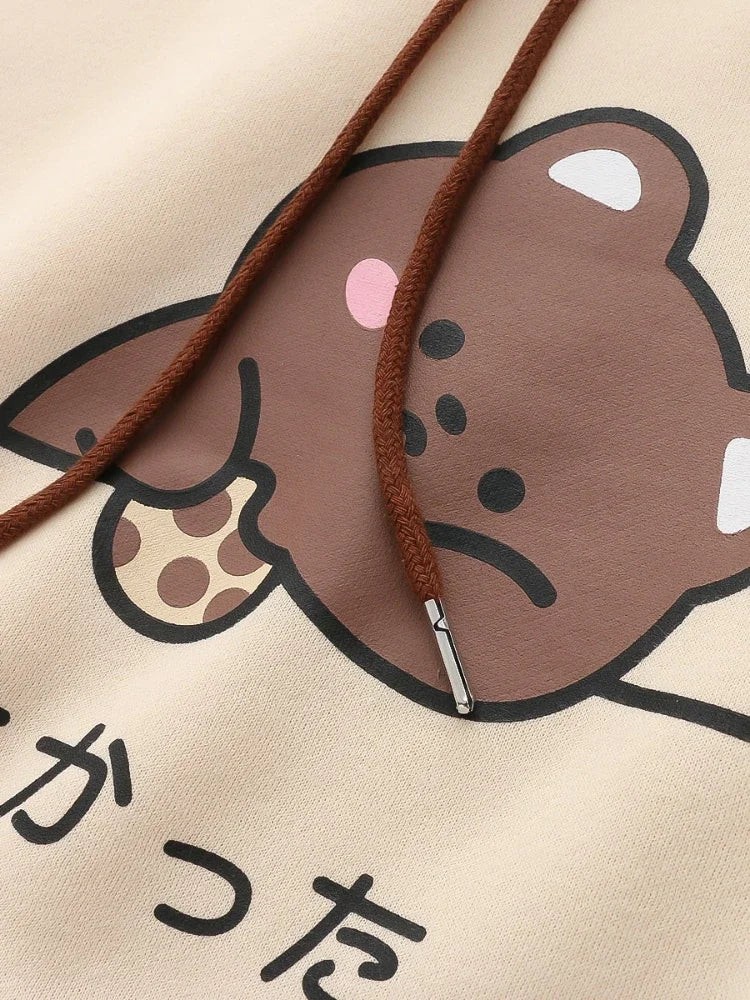 Fleece Women Kawaii Hoodies Winter Harajuku Cartoon Bear Print Cute Warm Hooded Sweatshirts Casual Drawstring Pullover