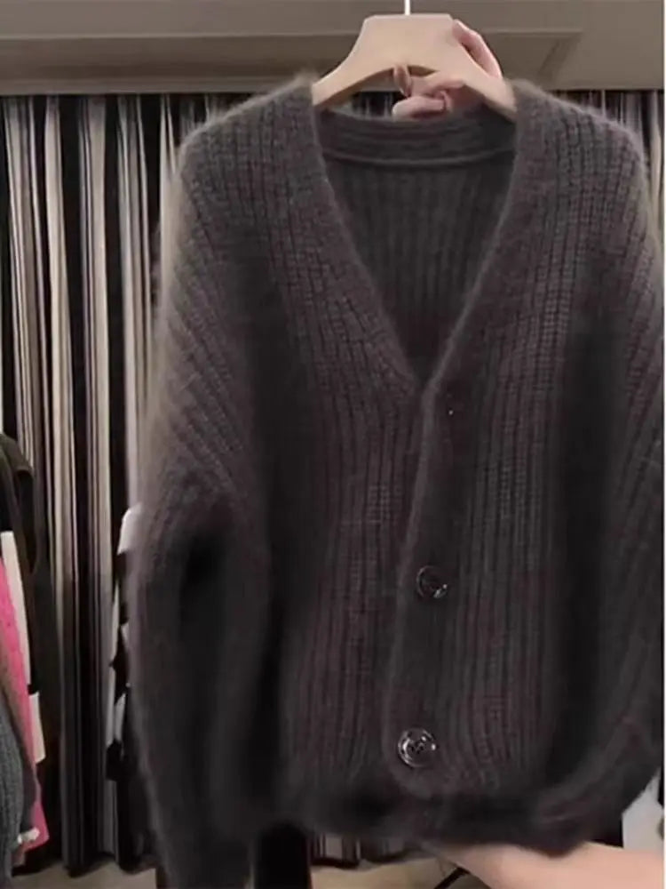 Korean Fashion 2024 New Grey Elegant Long Sleeved Sweater Autumn Winter Women V Neck Single Breasted Cardigan Knitted Tops Trend