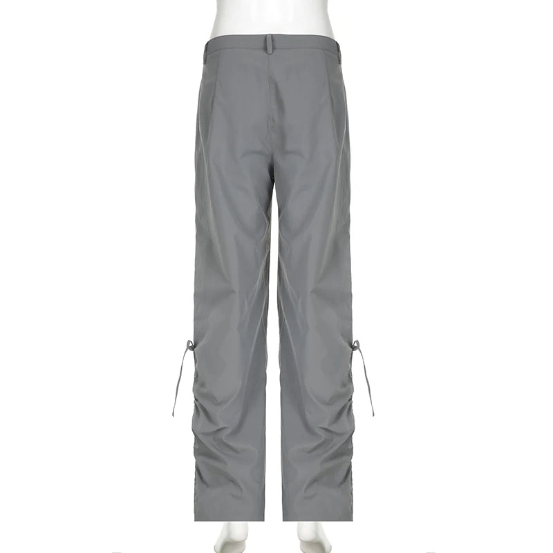 Harajuku Drawstring Women Trousers Low Waisted Solid Casual Shirring Baggy Pants Techwear Korean Straight Leg Bottoms