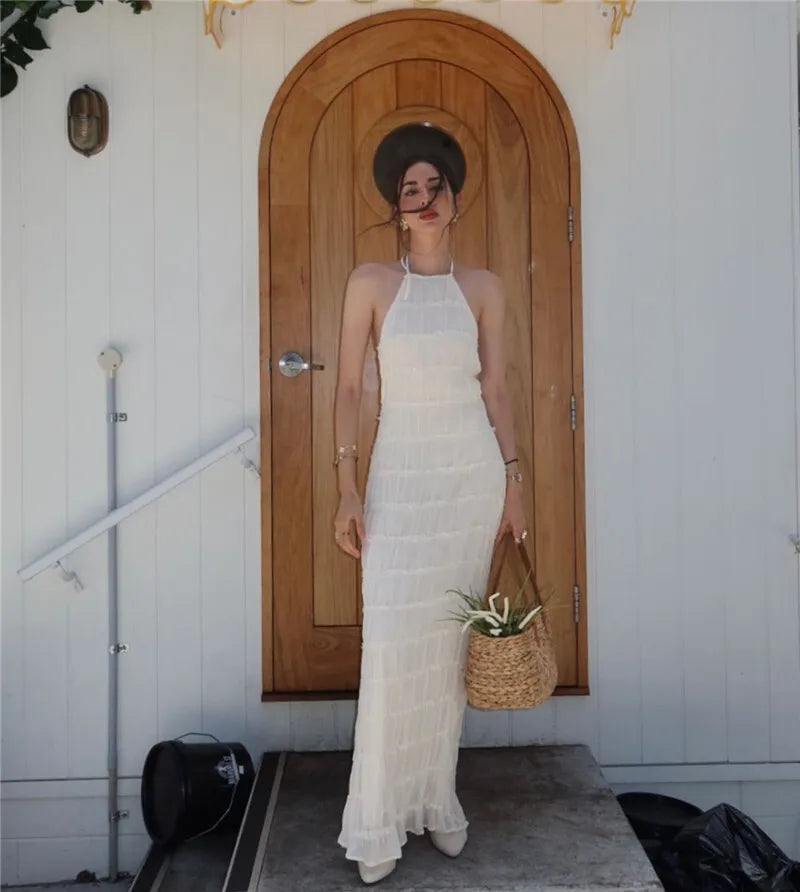 Halter Backless Sexy Maxi Dress For Women Spring Summer New Lace-up Sleeveless Pleated Beach Holiday Long Dress Elegant