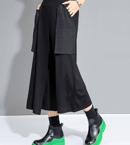 High Elastic Waist Black Spliced False Two Calf-Length Pants New Trousers Women Fashion Tide Spring Autumn 2025 1DJ0909