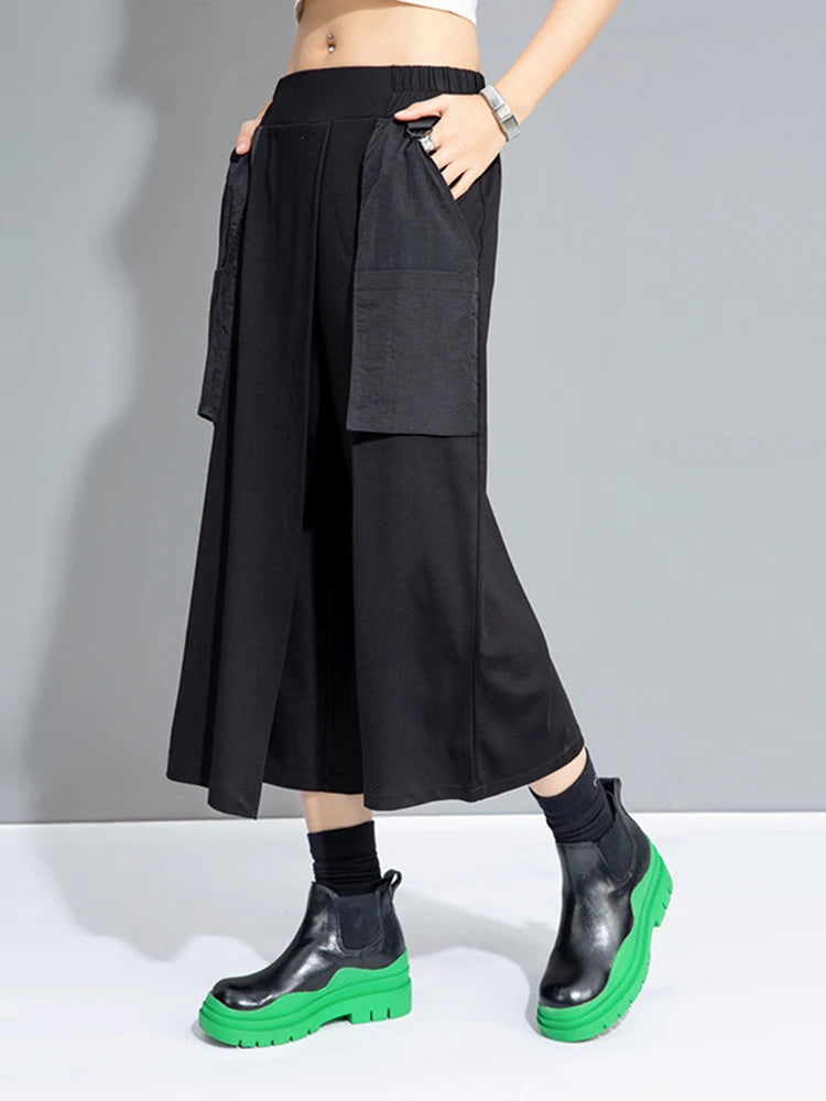 High Elastic Waist Black Spliced False Two Calf-Length Pants New Trousers Women Fashion Tide Spring Autumn 2025 1DJ0909