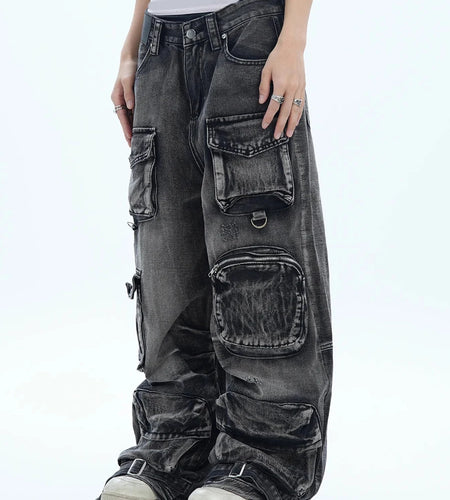 Solid Spliced Pockets Jeans For Women High Waist Designer Patchwork Button Wide Leg Pant Female Fashion Style New