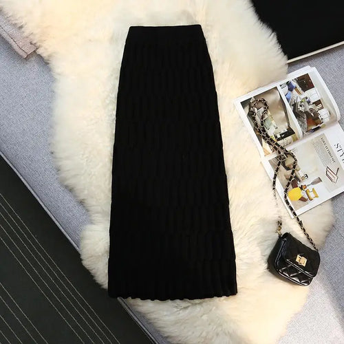 Load image into Gallery viewer, Elegant Vintage Straight Knitted Midi Skirt Women Jacquard Pattern High Waist Skirt Ladies Spring Winter Wrap Skirts Casual
