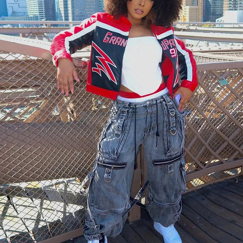 Load image into Gallery viewer, Letter Locomotive Jacket Women Varsity Cool Hipster Embroidery Patchwork Full Sleeve Wild Streetwear Fashion Short Coat
