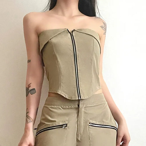 Load image into Gallery viewer, Fashion Strapless Khaki Draped Female Tube Top Corset Streetwear Cargo Style Summer Women&#39;s Tank Tops Crop Clubwear
