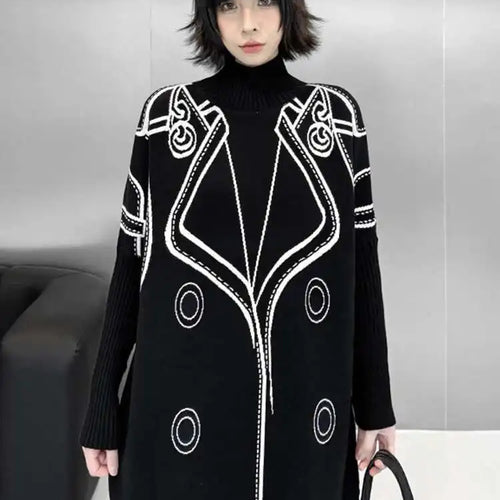 Load image into Gallery viewer, Women Black Pattern Both Side Wear Big Size Sweater Dress New Turtleneck Long Sleeve Fashion Spring Autumn 2025 1DH8332
