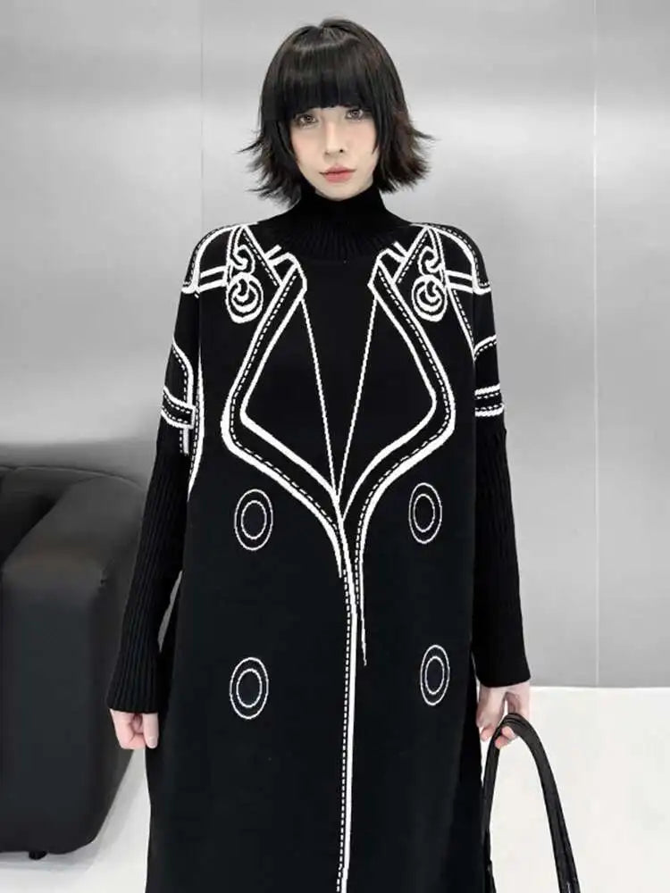 Women Black Pattern Both Side Wear Big Size Sweater Dress New Turtleneck Long Sleeve Fashion Spring Autumn 2025 1DH8332