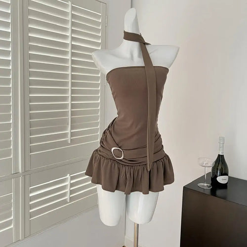 Load image into Gallery viewer, Black Elegant Sexy Club Pleated A-line Short Dress Women's Summer New Brown Sleeveless Off Shoulder Ruffled Edge Strapless Dress
