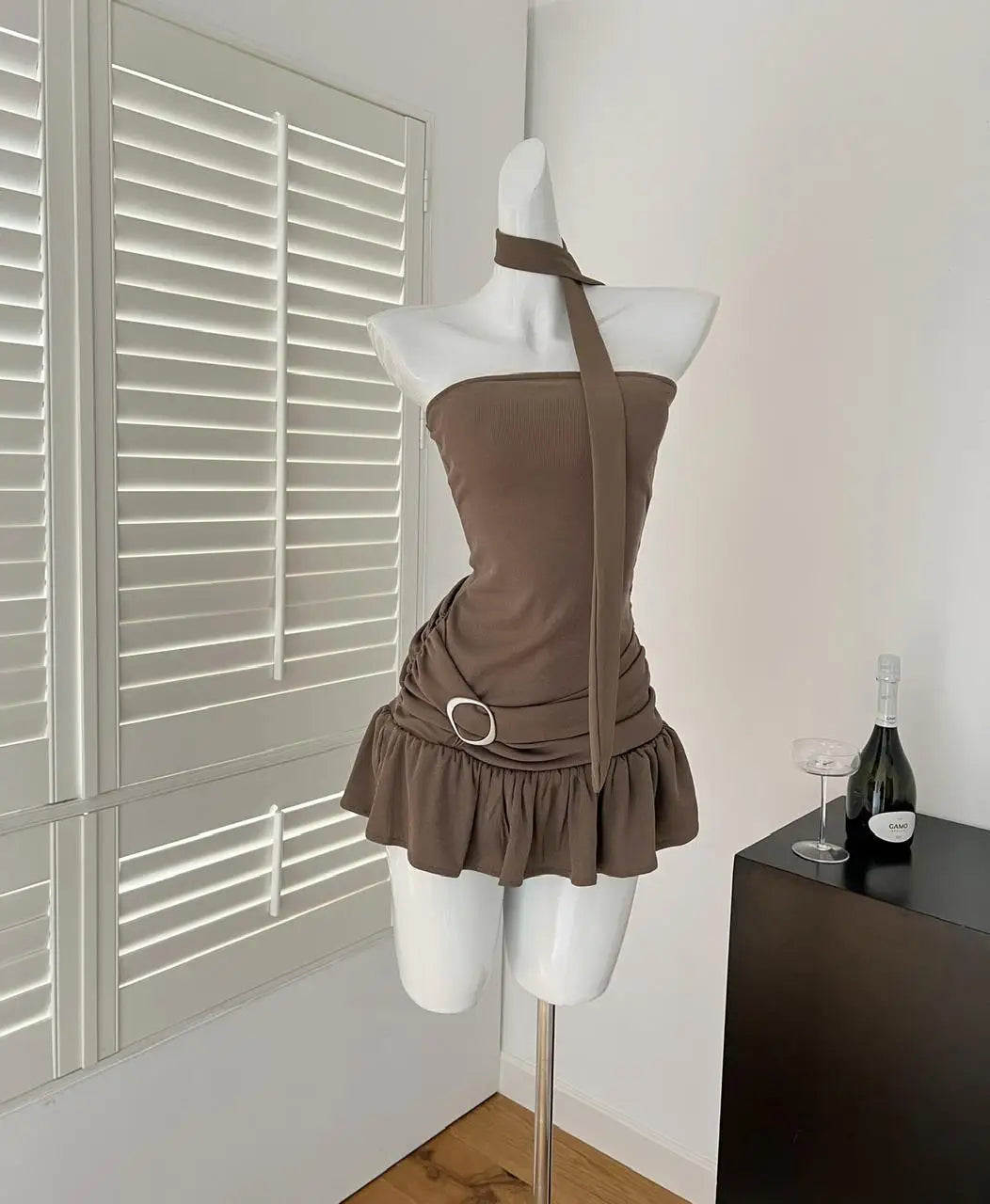 Black Elegant Sexy Club Pleated A-line Short Dress Women's Summer New Brown Sleeveless Off Shoulder Ruffled Edge Strapless Dress