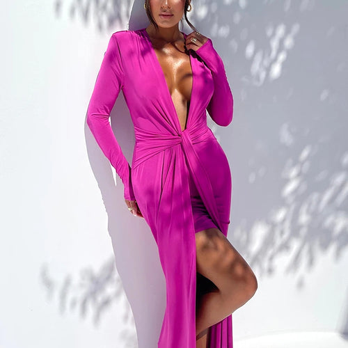 Load image into Gallery viewer, Sexy Deep V Long Sleeve Bodycon Women's Dress Slim Fit Lace Up High Split Female Maxi Dress Party Club Evening Dress
