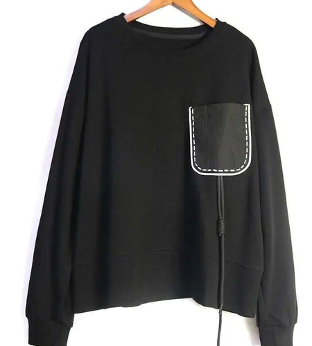 Black Topstitched Pocket Sweatshirt New Round Neck Long Sleeve Women Big Size Fashion Tide Spring Autumn 2025 1DJ0625