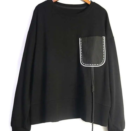 Load image into Gallery viewer, Black Topstitched Pocket Sweatshirt New Round Neck Long Sleeve Women Big Size Fashion Tide Spring Autumn 2025 1DJ0625
