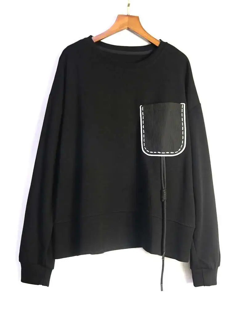 Black Topstitched Pocket Sweatshirt New Round Neck Long Sleeve Women Big Size Fashion Tide Spring Autumn 2025 1DJ0625