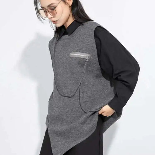 Load image into Gallery viewer, Gray Irregular Slit Big Size Knitting Sweater Round Neck Sleeveless Women Pullovers New Fashion Spring Autumn 2025 1DH7484
