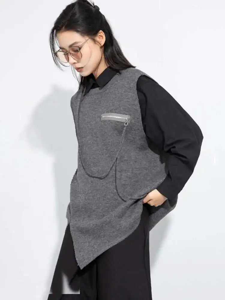 Gray Irregular Slit Big Size Knitting Sweater Round Neck Sleeveless Women Pullovers New Fashion Spring Autumn 2025 1DH7484