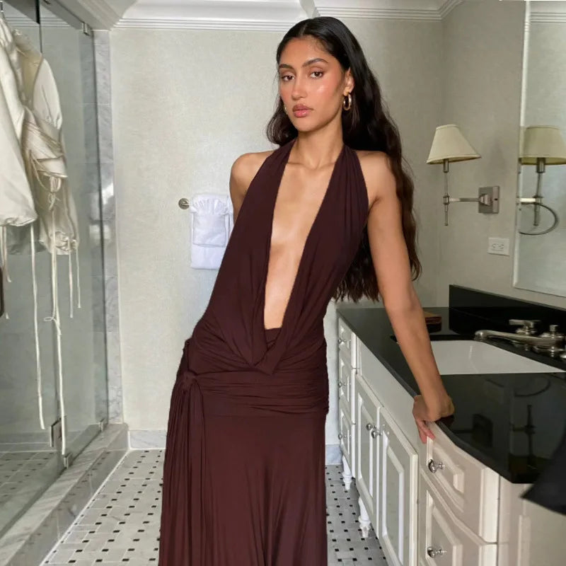 Halter Deep V Neck Sexy Maxi Dress For Women Gown Sleeveless Backless Thigh High Split Ruched Bodycon Long Dress