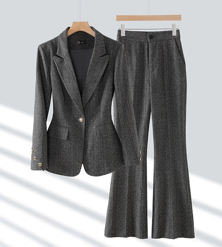 Autumn Winter Women Office Gray Two Pieces Set 2024 Red Single Button Diamonds Blazer Tops And High Waist Wide Legs Pant Suit