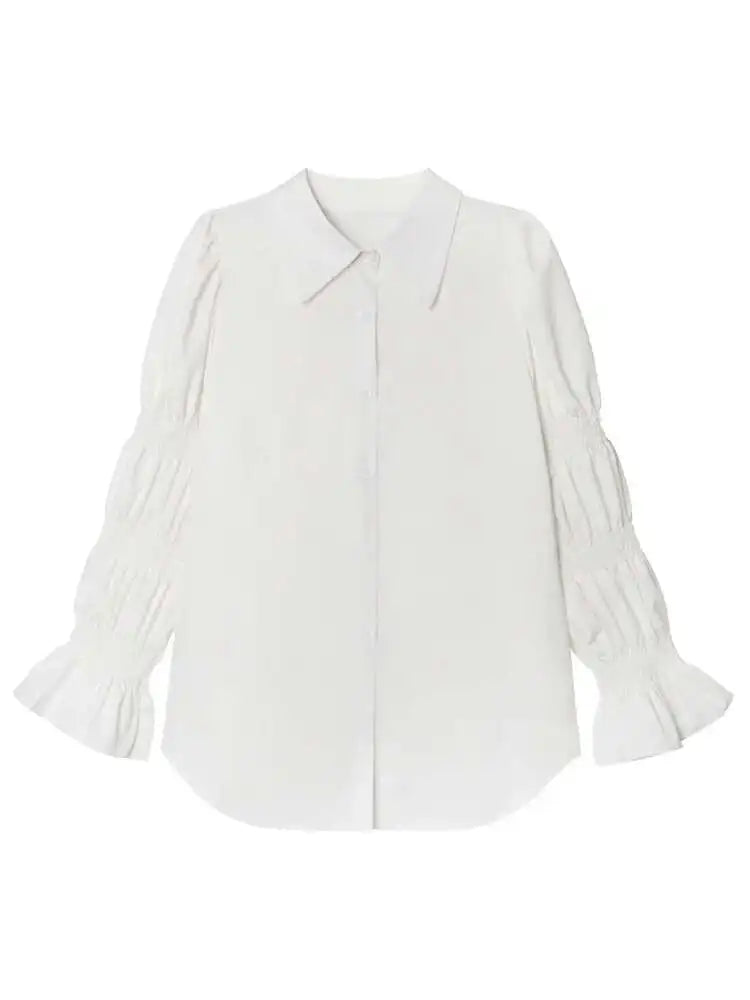 Women White Big Size Casual Blouse New Lapel Long Lantern Sleeve Pleated Shirt Fashion Tide Spring Autumn 2025 1DH4459