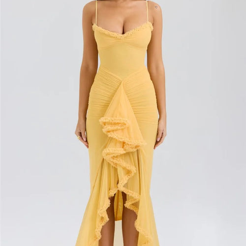 Load image into Gallery viewer, Ruffled Draped Ruched Sexy Maxi Dress For Women Yellow Spaghetti Strap Sleeveless Backless Club Party Sexy Long Dress

