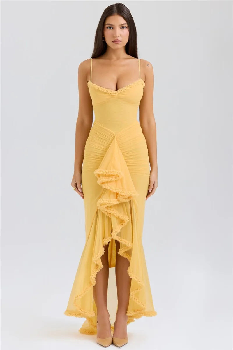 Ruffled Draped Ruched Sexy Maxi Dress For Women Yellow Spaghetti Strap Sleeveless Backless Club Party Sexy Long Dress