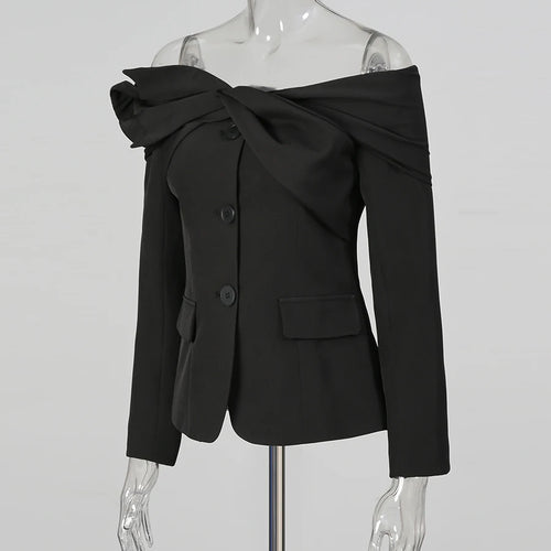 Load image into Gallery viewer, Solid Spliced Single Breasted Elegant Jackets for Women Diagonal Collar Long Sleeves Patchwork Folds Jacket Female
