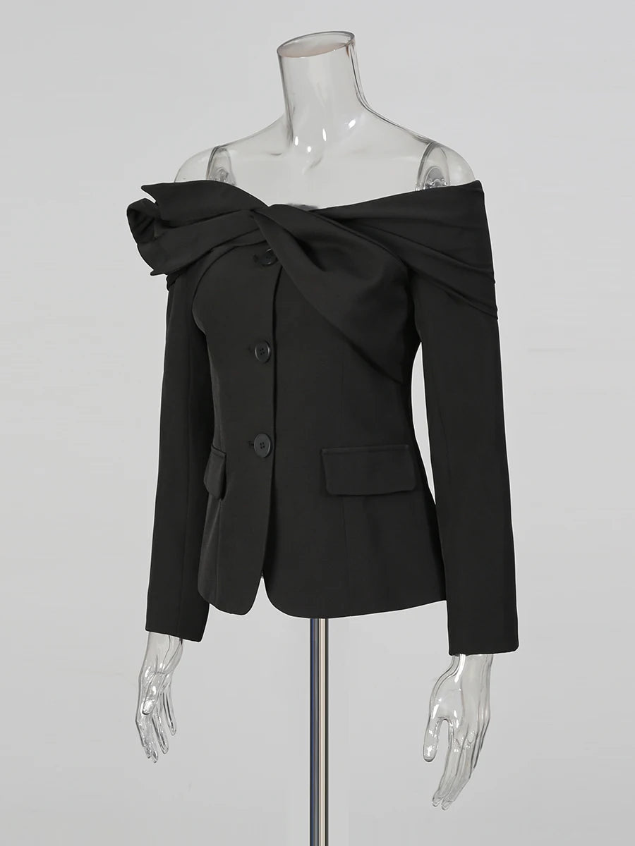 Solid Spliced Single Breasted Elegant Jackets for Women Diagonal Collar Long Sleeves Patchwork Folds Jacket Female