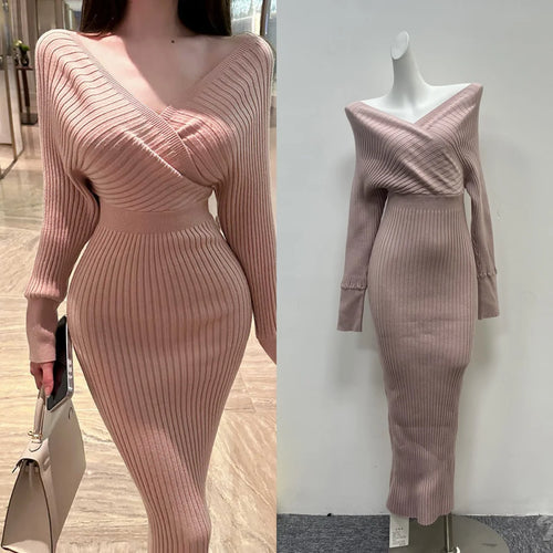 Load image into Gallery viewer, Korean Fashion Women's Pink V-neck Slim Knitted Long Sleeve Dress Spring High Waist Festival Wrapping Hip Dress Simplicity Trend
