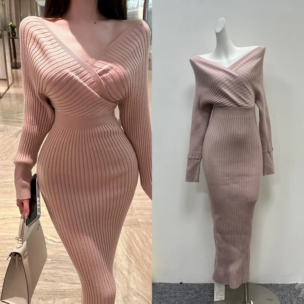 Korean Fashion Women's Pink V-neck Slim Knitted Long Sleeve Dress Spring High Waist Festival Wrapping Hip Dress Simplicity Trend