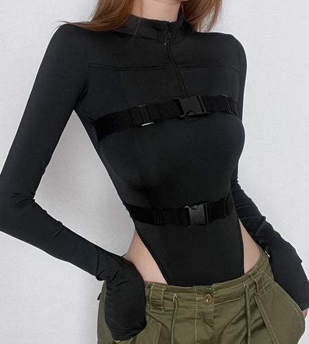 Streetwear Buckle Stitched Fitness Autumn Bodysuit Female Hooded Long Sleeve Zipper Basic Body Catsuit Outfits Romper